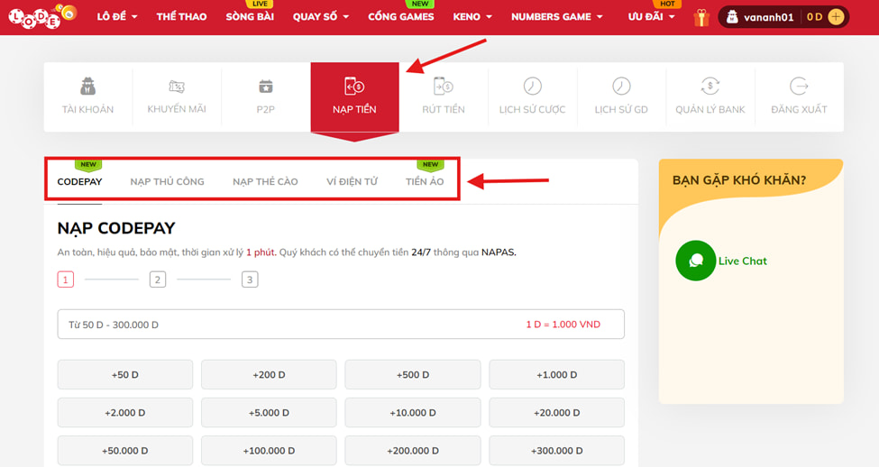 Hướng dẫn đánh đề LODE88: Nạp tiền vào tài khoản